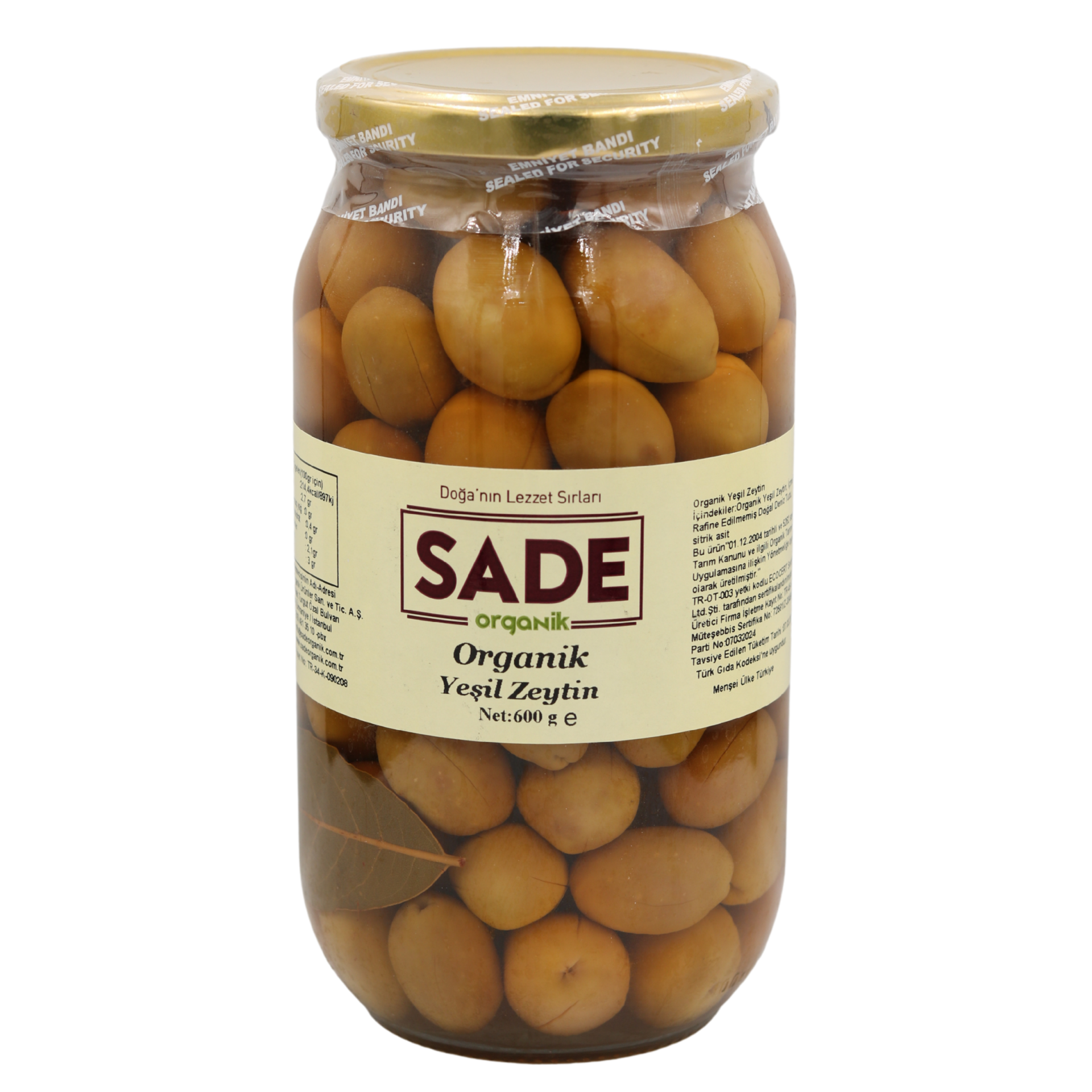Sade Organik Yeşil Zeytin 600 Gr